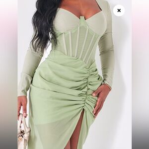 PRETTY LITTLE THING SHAPE SAGE GREEN CORSET LONG SLEEVE RUCHED MIDI DRESS